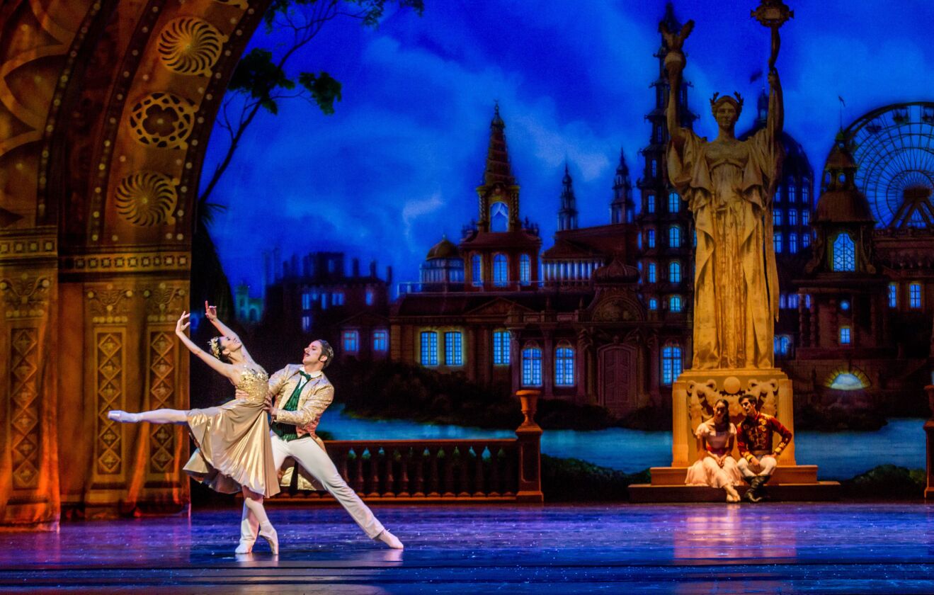 Victoria Jaiani (left) and Miguel Angel Blanco in the Joffrey Ballet production of “The Nutcracker.” (Photo: Cheryl Mann)